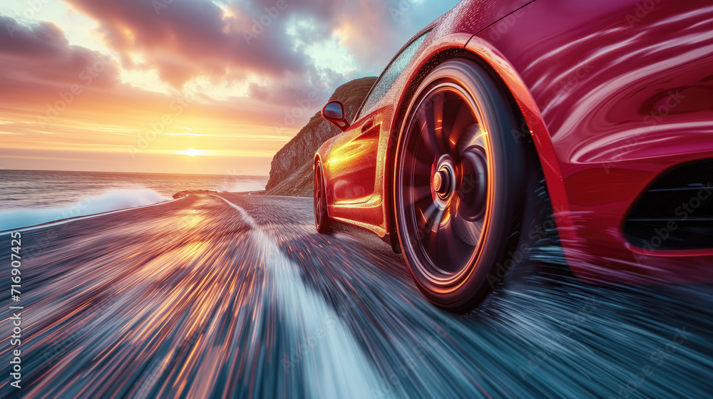 Red sports car in motion on a coastal road against a stunning sunset backdrop.