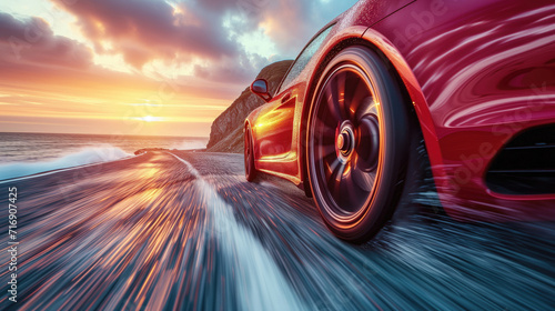 Red sports car in motion on a coastal road against a stunning sunset backdrop.