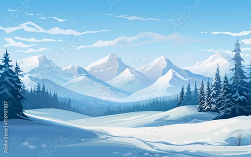flat very beautiful winter snowy mountain portrait vector illustration   © Harjo