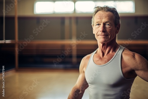 Portrait of a fitness mature man practicing ballet in a studio. With generative AI technology