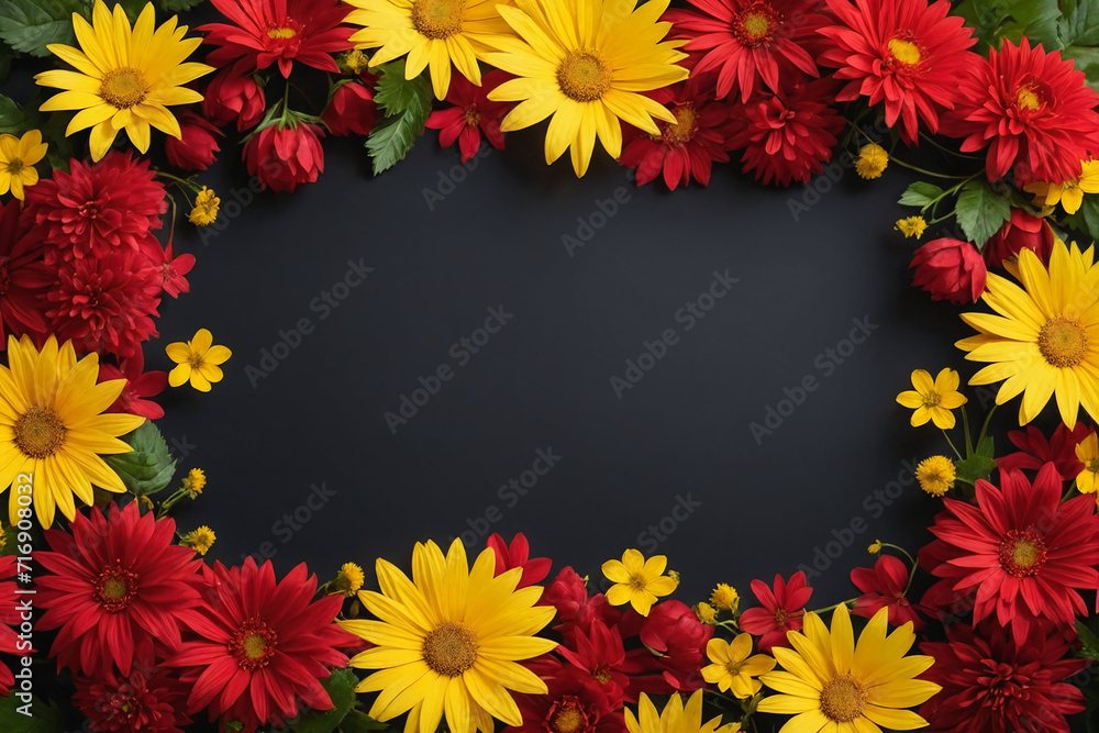 Fototapeta premium Rectangular frame made of red and yellow flowers