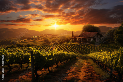 A scenic vineyard aglow in the dusk, its grapevines winding, and a quaint winery nearby.