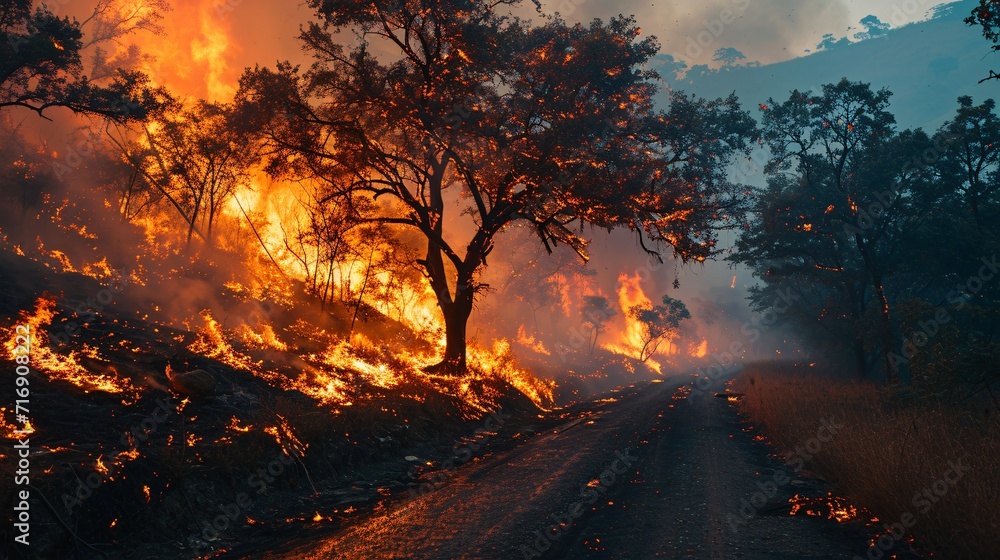A blazing tree. Urban wildfire endangering streets and vehicles with occupants Lethal inferno.