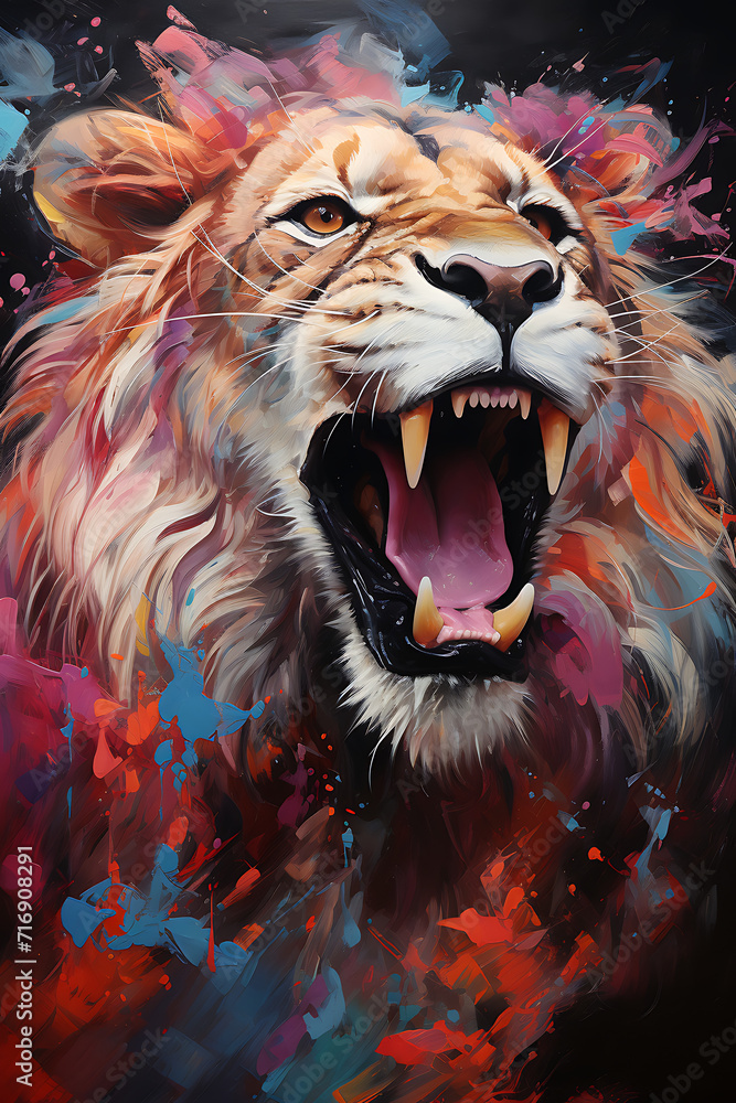 Realistic roaring lion oil painting artwork - hand painted lion mane head colorful whimsical watercolor illustration canvas art portrait - zoo animal wildlife jungle king mammal wallpaper background