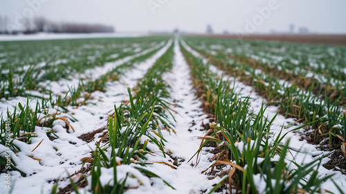 Green wheat that barely comes out of the ground in winter photo