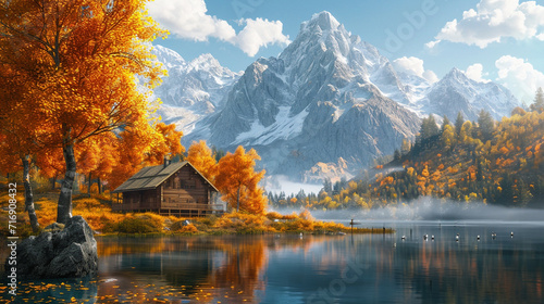 Autumn in the mountainous area next to a river, and among the trees there is a wooden cabin
