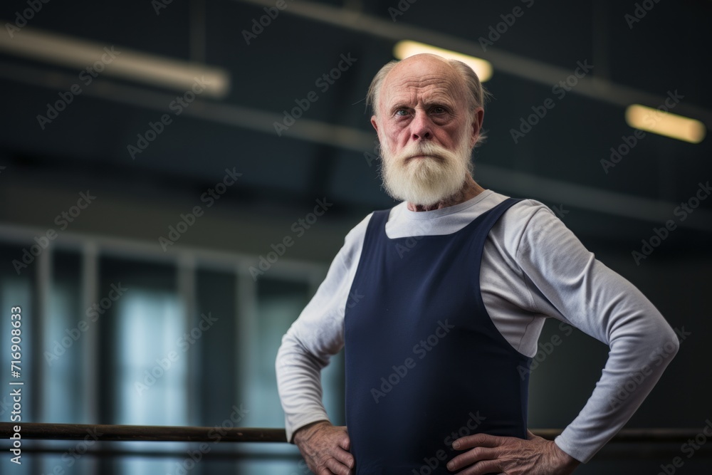 Portrait of an inspired old man practicing ballet in a studio. With generative AI technology Portrait of an inspired old man practicing ballet in a studio. With generative AI technology