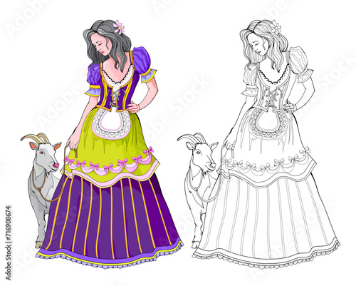 Colorful and black and white page for kids coloring book. Fantasy drawing of beautiful shepherdess with goat. Carnival dress for girls. Worksheet for children and adults. Flat cartoon vector.