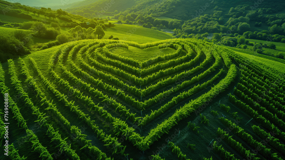Green vineyard forming a heart shape from above.