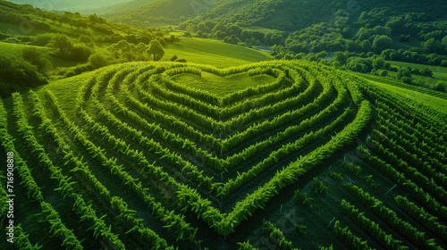 Green vineyard forming a heart shape from above.