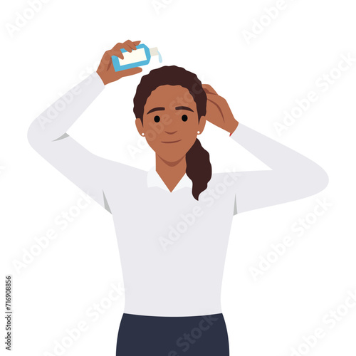 Young woman sprinkle hair care products on her head. Flat vector illustration isolated on white background