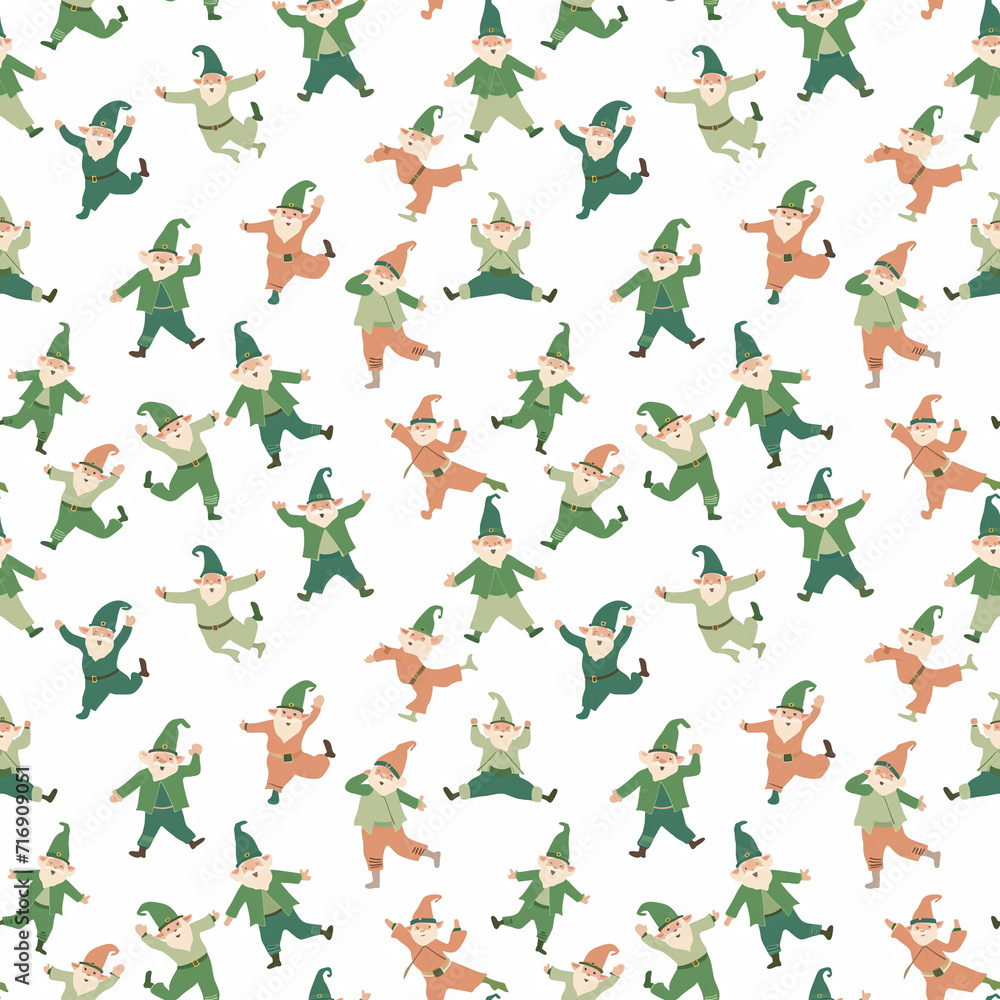 Dancing leprechauns seamless pattern. Gift wrapping, wallpaper, background. St. Patricks Day