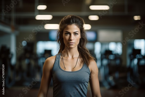 Portrait of a serious girl in her 30s doing step in a gym. With generative AI technology © Markus Schröder