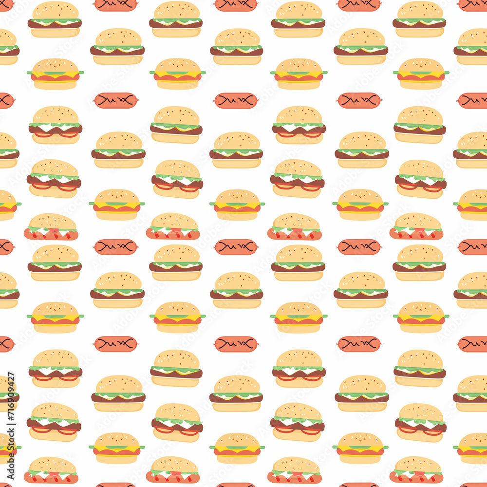 Hot dogs and hamburgers seamless pattern. Gift wrapping, wallpaper, background. Independence Day (4th of July)