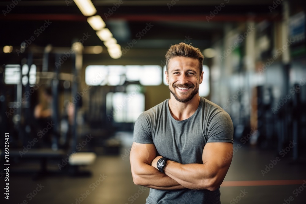 Portrait of a satisfied boy in his 30s doing step in a gym. With generative AI technology