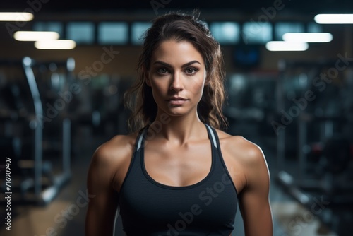 Portrait of a serious girl in her 30s doing step in a gym. With generative AI technology