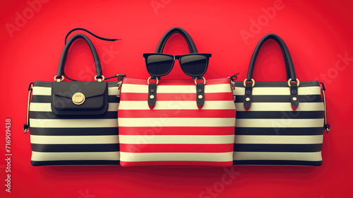 Three striped handbags and a pair of sunglasses on a red background photo