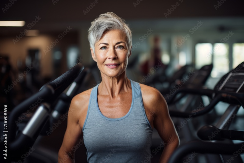Fototapeta premium Portrait of a concentrated mature woman doing step in a gym. With generative AI technology