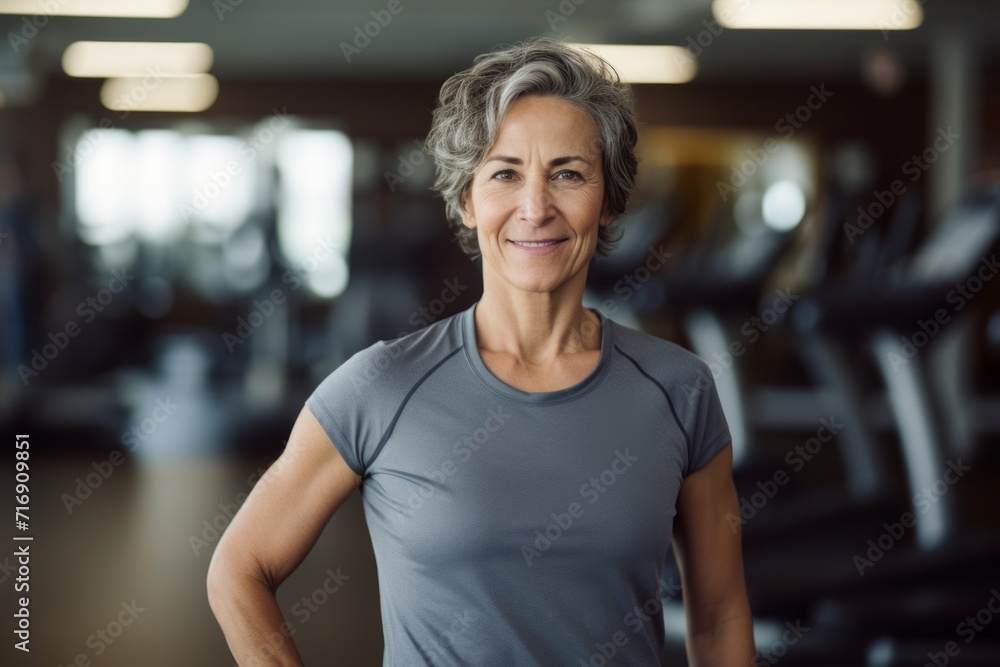 Fototapeta premium Portrait of a handsome mature woman doing step in a gym. With generative AI technology