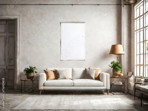 Modern living room interior with empty poster on wall. Mock up,