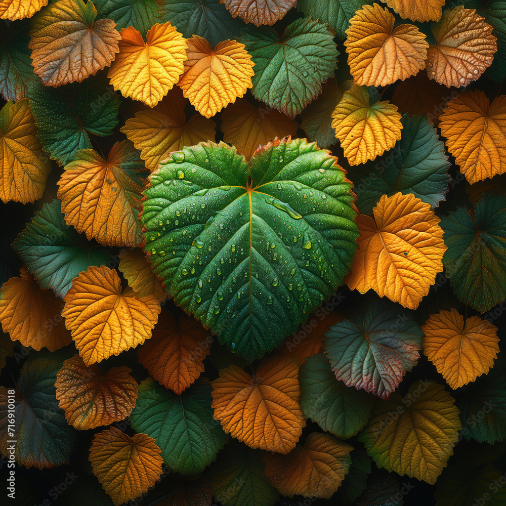 A vibrant green leaf with dew drops stands out among autumn-colored foliage. A vibrant green leaf with dew drops stands out among autumn-colored foliage.