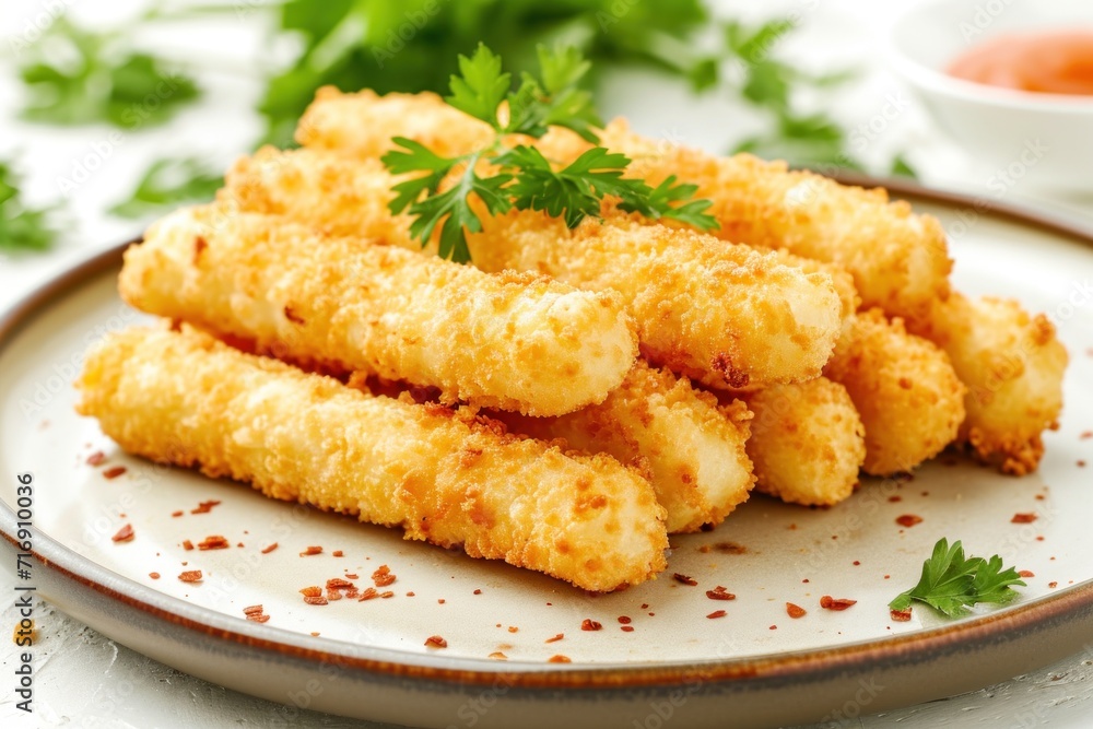 Fried cheese sticks with parsley on plate, close-up Fried cheese sticks with parsley on plate, close-up