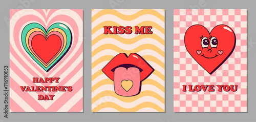 Happy Valentine's Day in Retro Groovy Style. Set of rectangular greeting cards, backgrounds, posters. Lips with tongue, heart with face and tunnel heart on checkered and striped background. Vector.