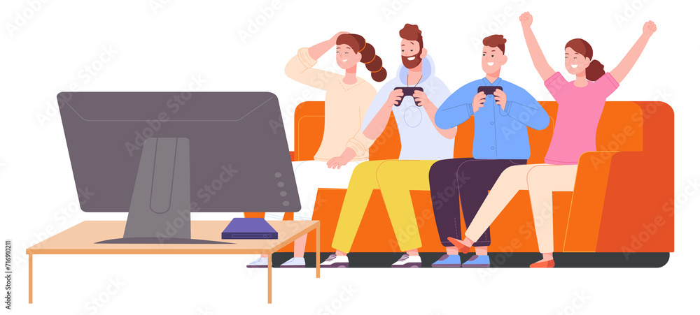 Friends playing videogames. Young people having fun together