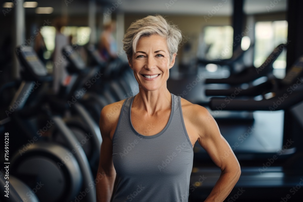 Portrait of a handsome mature woman doing step in a gym. With generative AI technology Portrait of a handsome mature woman doing step in a gym. With generative AI technology