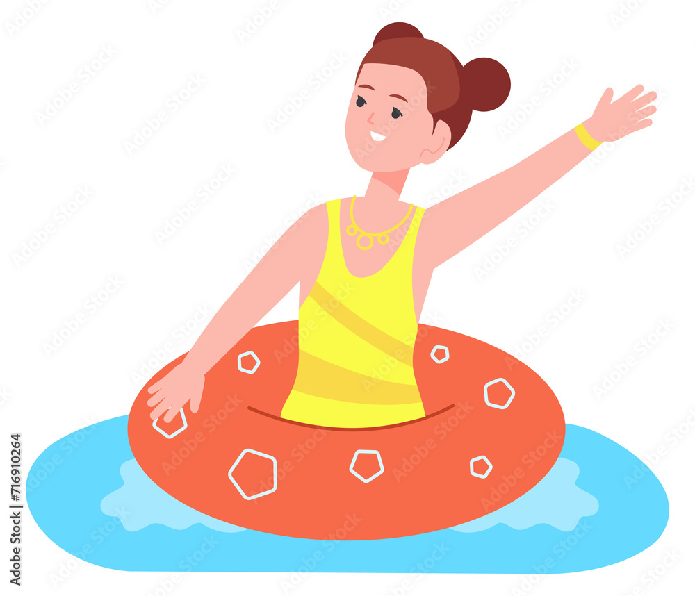 Happy kid on inflatable pool ring. Swimming girl Happy kid on inflatable pool ring. Swimming girl