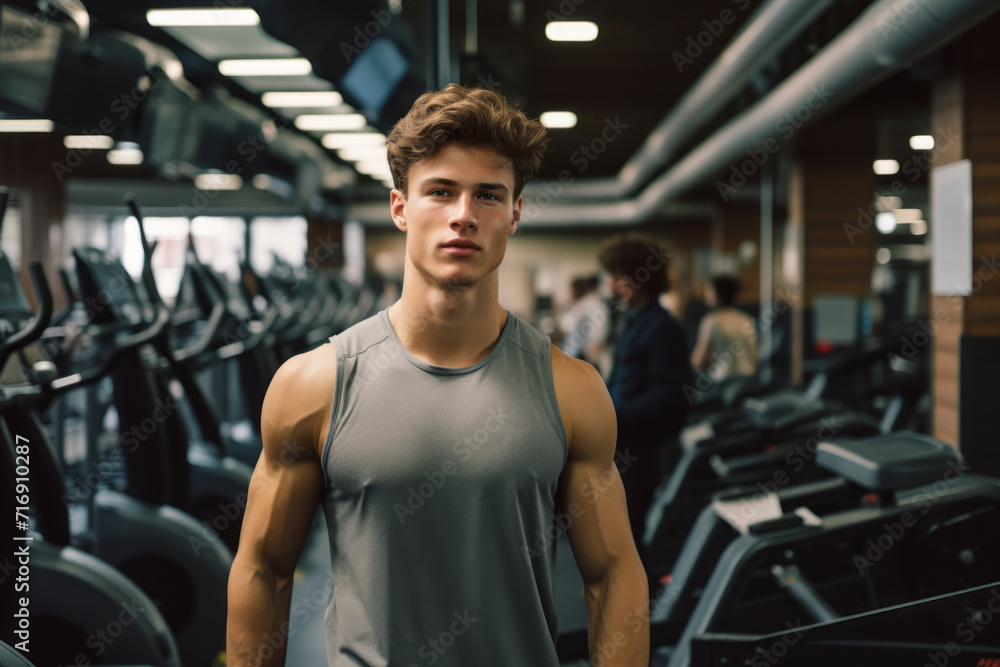 Portrait of a fitness boy in his 20s doing step in a gym. With generative AI technology Portrait of a fitness boy in his 20s doing step in a gym. With generative AI technology
