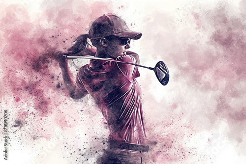 Golf player in action, woman pink watercolour with copy space photo