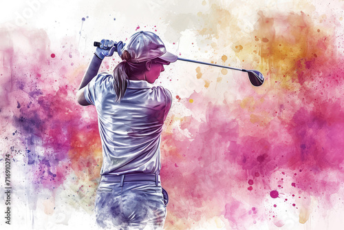Golf player in action, woman pink watercolour with copy space