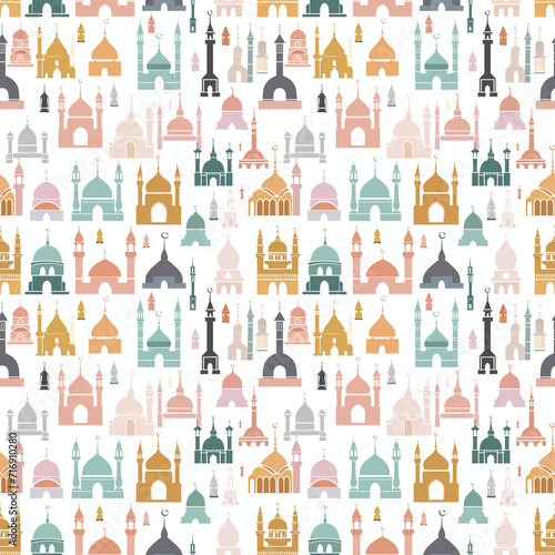 Mosque silhouettes seamless pattern. Gift wrapping, wallpaper, background. Eid al-Fitr