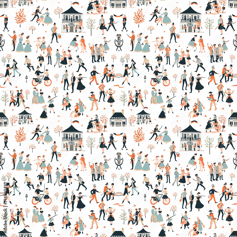 French Revolution scenes seamless pattern. Gift wrapping, wallpaper, background. Bastille Day