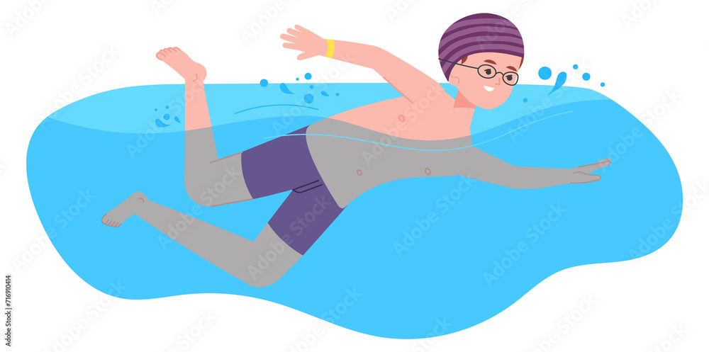 Obraz premium Active boy swimming in water race. Pool competition