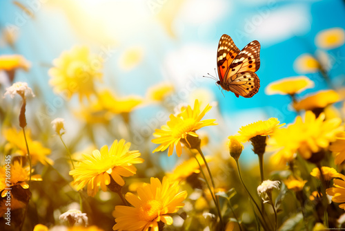 spring yellow flowers outside and butterflies against blue sky