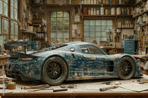 High-performance sports car blueprint design in a rustic workshop.