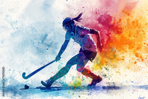 Field Hockey player in action  woman colourful watercolour with copy space