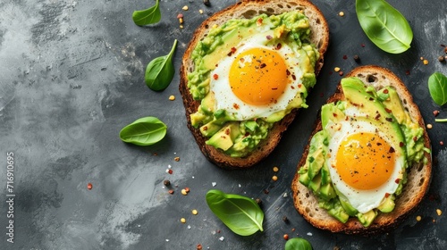 Avocado toast with fried egg and spinach on dark background, top view
