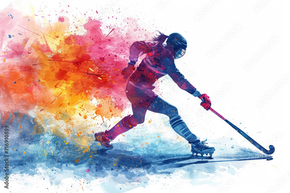 Naklejka premium Field Hockey player in action, woman colourful watercolour with copy space