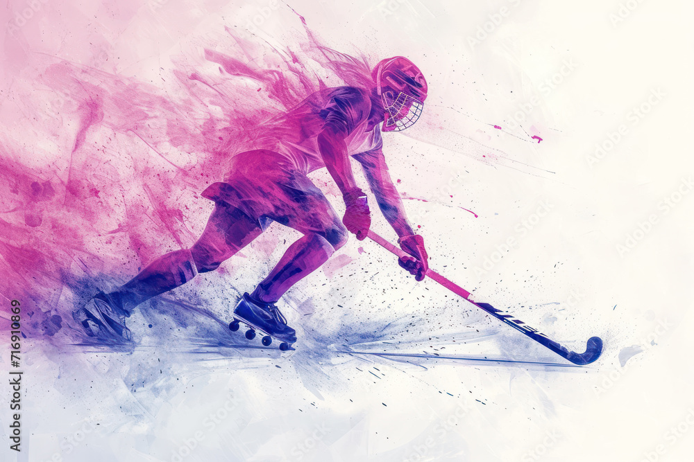 Field Hockey player in action, woman pink watercolour with copy space