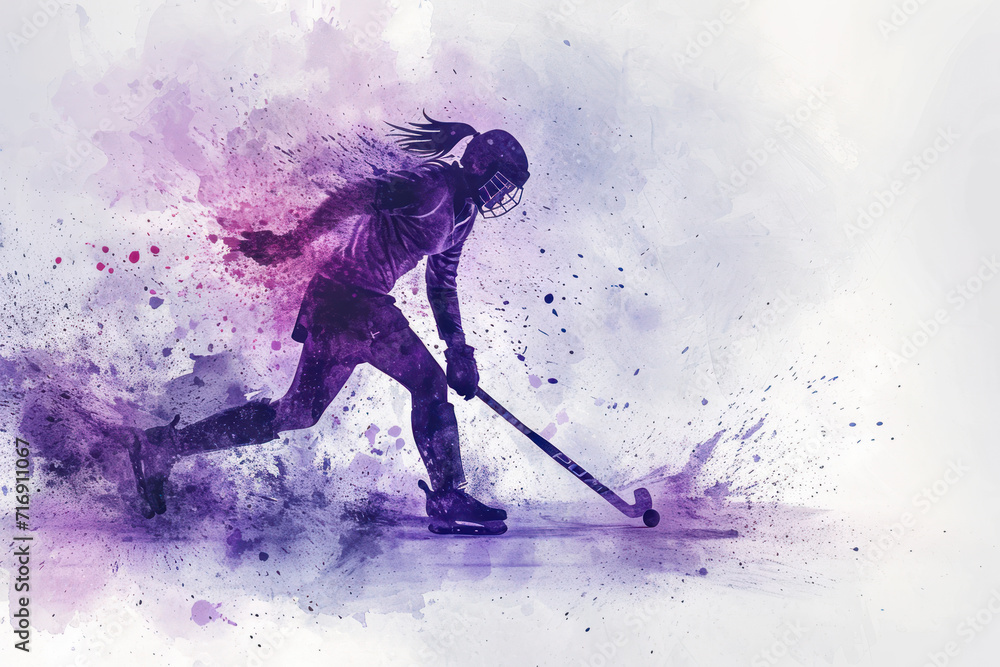 Field Hockey player in action, woman purple watercolour with copy space