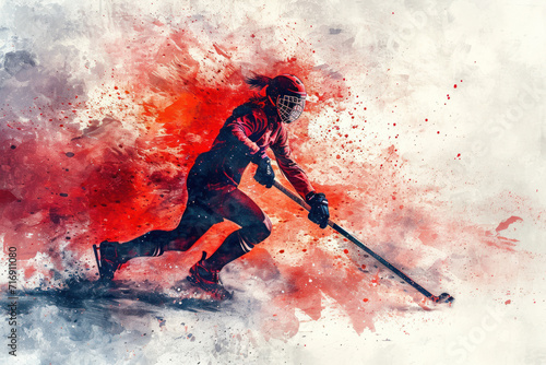 Field Hockey player in action, woman red watercolor with copy space
