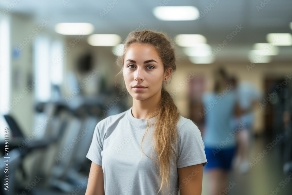 Portrait of a focused girl in her 20s doing physical rehabilitation exercises in a rehabilitation center. With generative AI technology