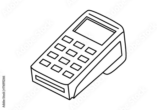 Hand drawn cute outline illustration POS terminal. Flat vector money transaction device sticker in line art doodle style. Shopping or payment icon or print. Payment by card. Bank operation. Isolated.