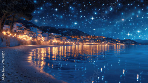 Coastal town reflecting under a star-filled sky.
