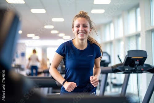 Portrait of an energetic girl in her 20s doing physical rehabilitation exercises in a rehabilitation center. With generative AI technology