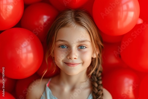Intimate shot of a cheerful adolescent holding numerous crimson balloons. Premium studio image.
