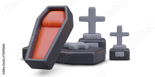 Fantasy composition with cartoon open black-red coffins and graves with cross monuments on white background. Vector illustration in 3d style with white background